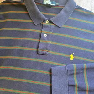 Polo Ralph Lauren Mens XXL Navy Blue Striped Long Sleeve Pique Polo Shirt Pony
